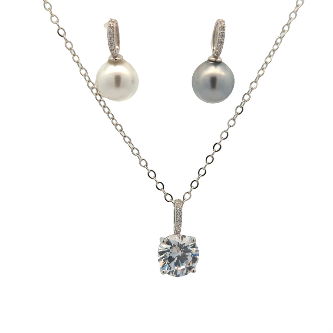 Sterling Silver Cubic Zirconia 16+2" Necklace And Pearl Pendants Set