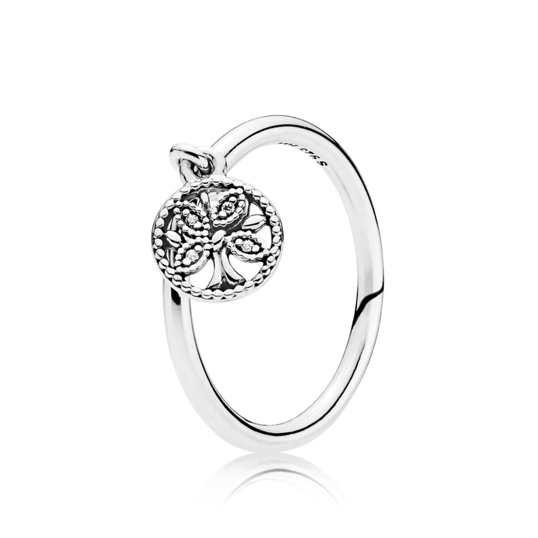 Tree of life silver ring with clear CZ