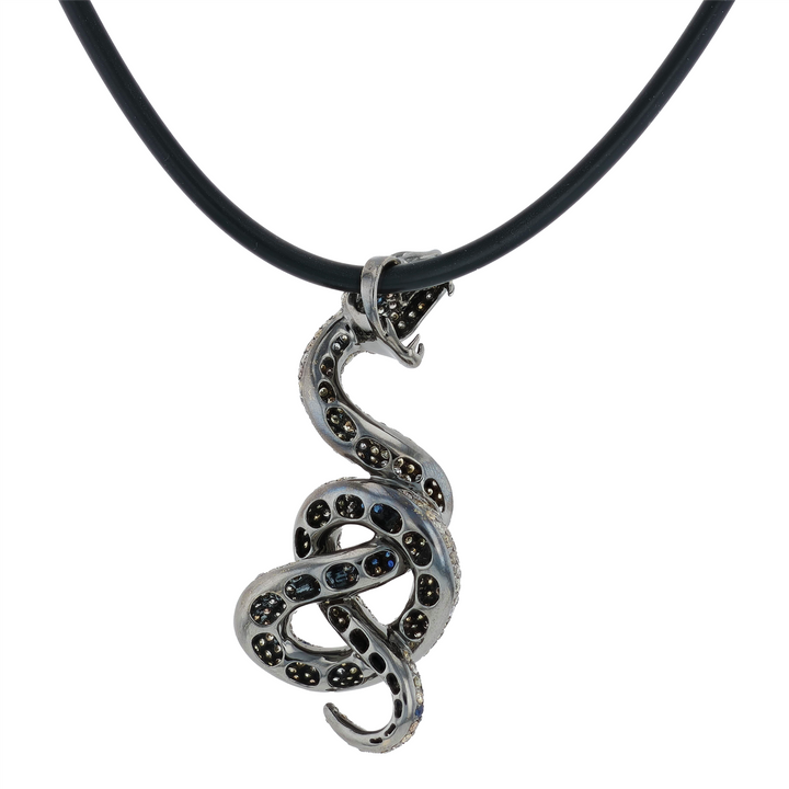 14KT White Gold with Black Plating Sapphire and 9.05cttw Diamond Snake Estate Pendant