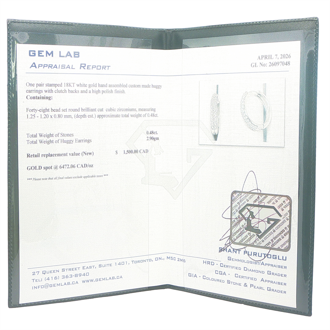 18KT White Gold 0.48 CZ Huggy Hoop Earrings