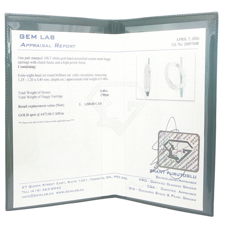 18KT White Gold 0.48 CZ Huggy Hoop Earrings