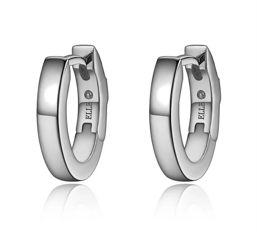 ELLE Sterling Silver Rhodium Plated Huggie Hoop Earrings