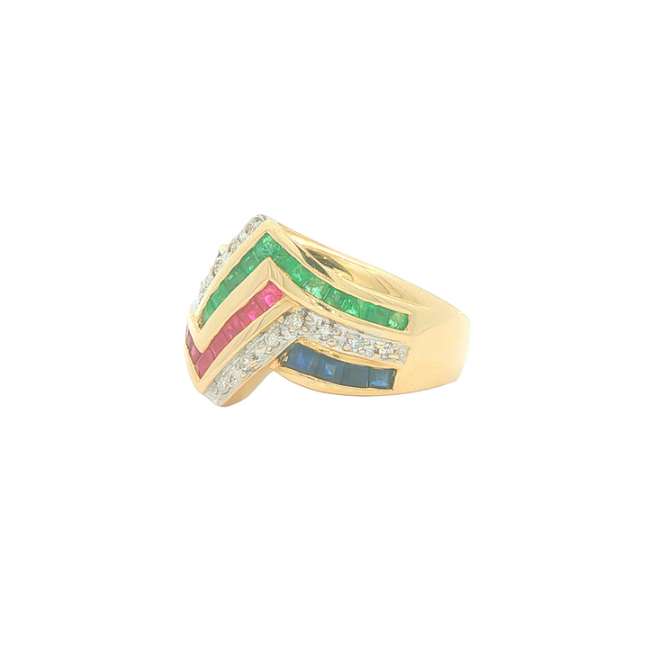 14KT Yellow Gold 0.08cttw Diamond, Sapphire, Emerald and Ruby Estate Cocktail Ring
