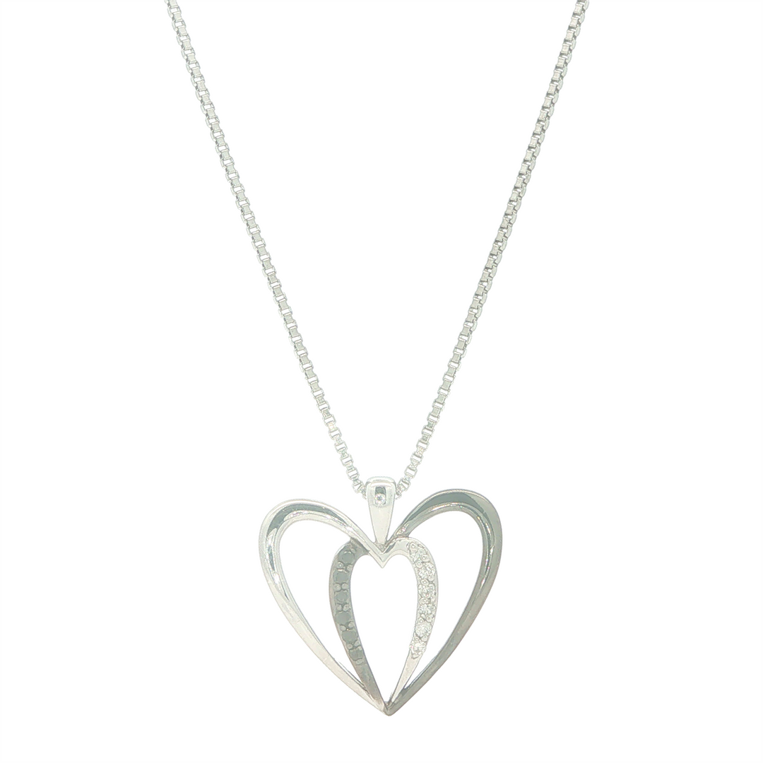 Sterling Silver 0.07cttw Black & White Diamond Heart Pendant Necklace 18"