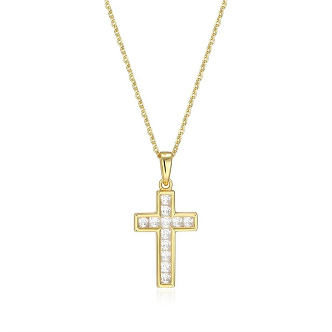 REIGN Sterling Silver Gold Plated Classic Cross Pendant Necklace with Cubix Zirconia 17 + 3"