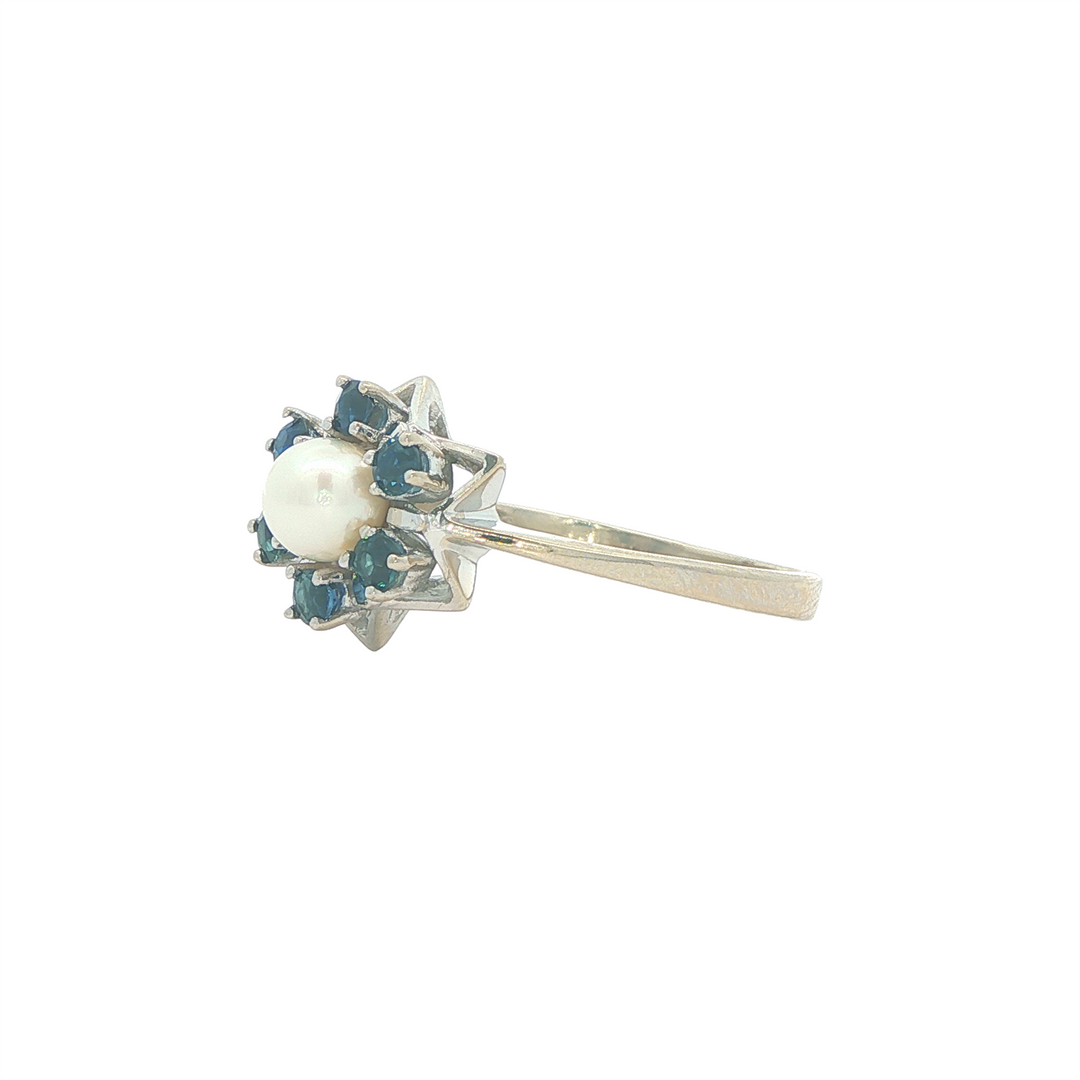 14K White Gold Pearl Sapphire Estate Ring