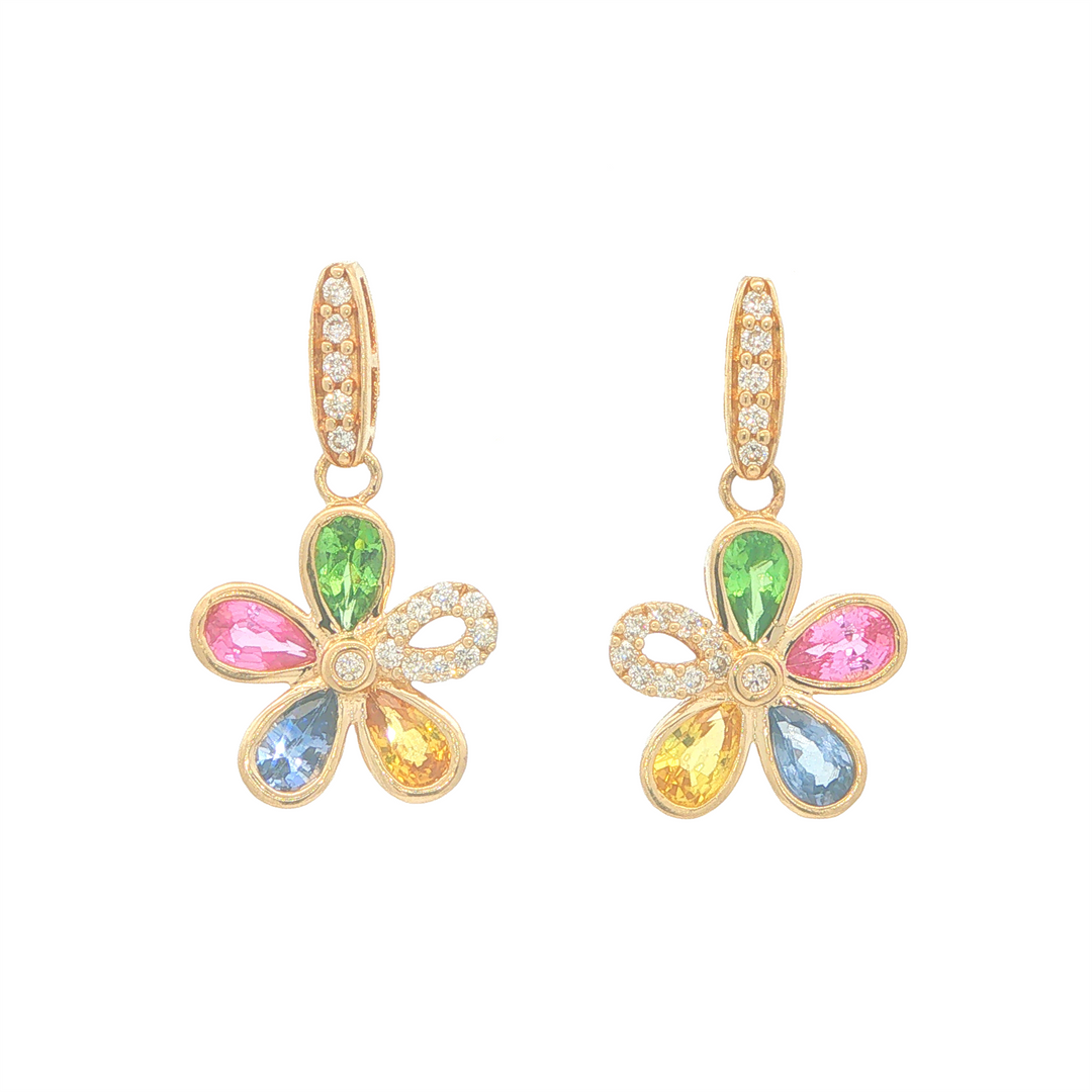 14KT Yellow Gold Multi Colour Sapphire and 0.20cttw Diamond Estate "EFFY" Flower Earrings