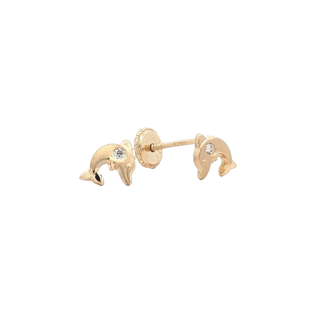 10K Yellow Gold CZ Stud Dolphin Earrings
