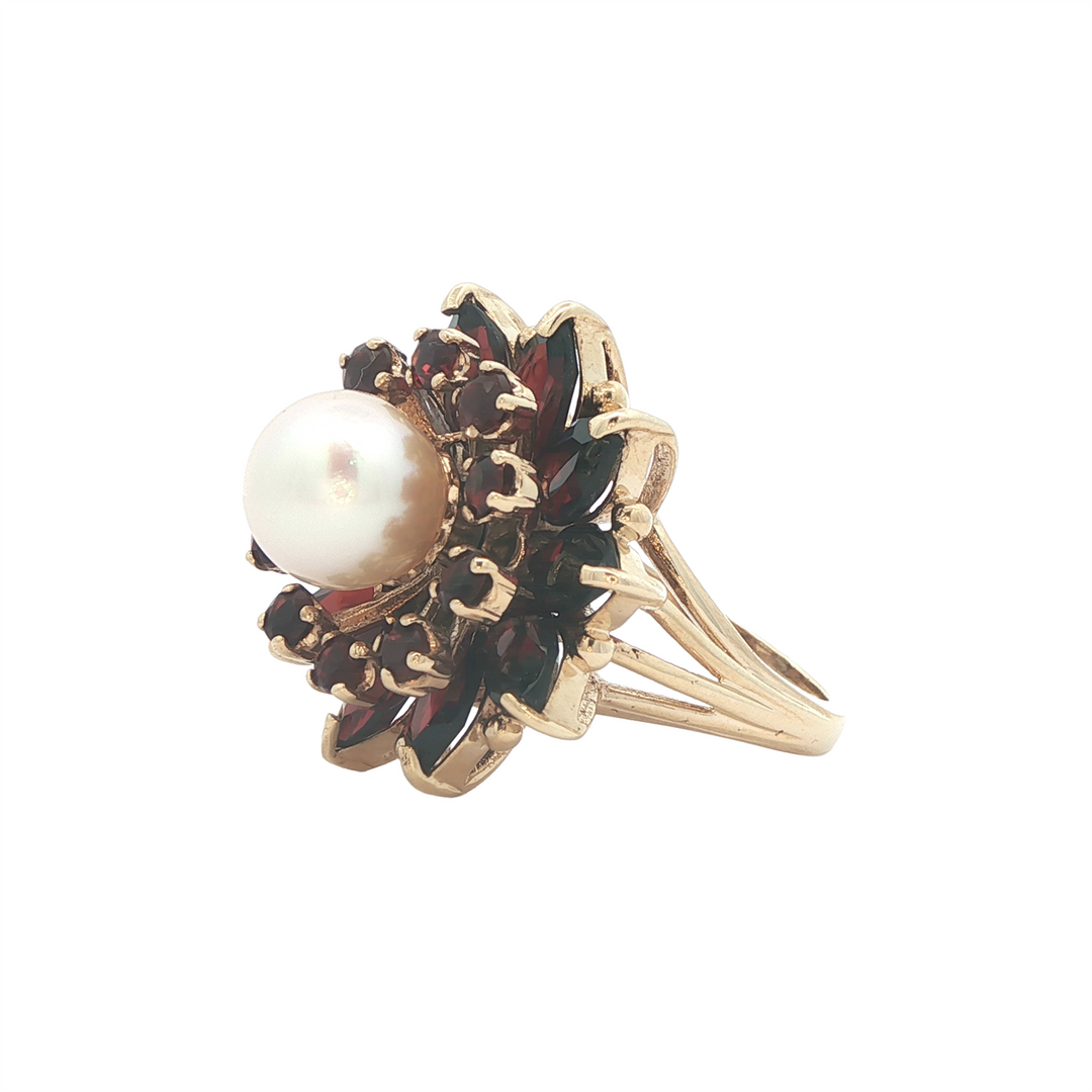 10K Yellow Gold Garnet & Pearl Estate Ring
