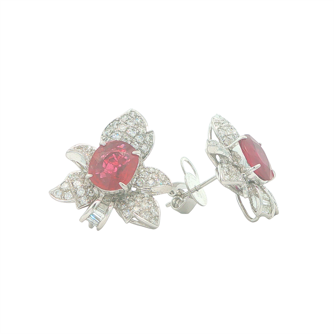 18KT White Gold Ruby and 1.50cttw Diamond Flower Design Estate Earrings