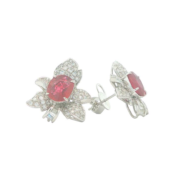 18KT White Gold Ruby and 1.50cttw Diamond Flower Design Estate Earrings