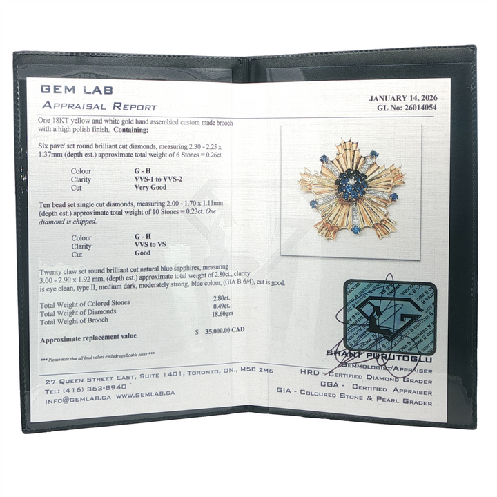 18KT Yellow and White Gold Brooch iwth Diamonds and Sapphires