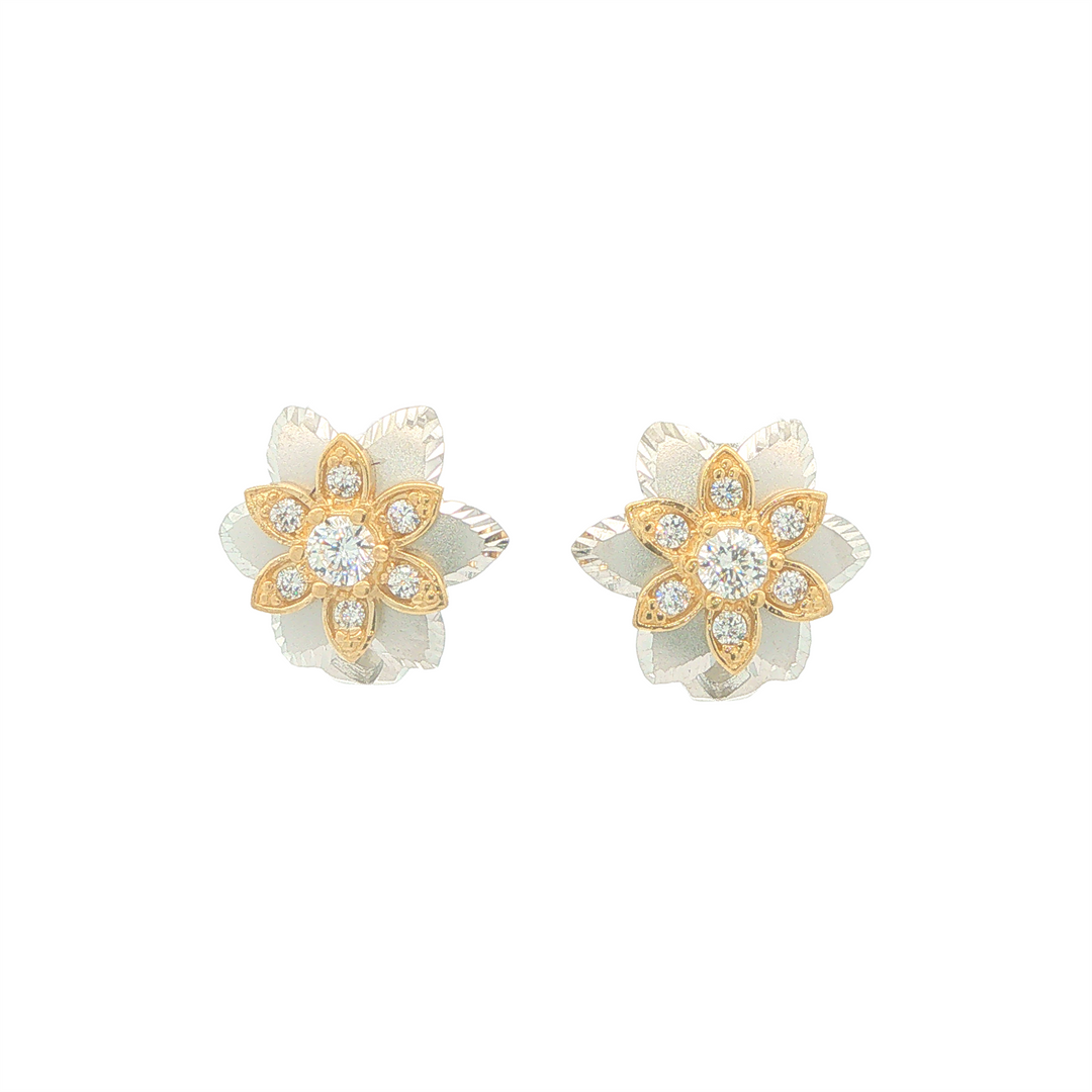 14KT White & Yellow Gold CZ Floral Design Estate Earrings