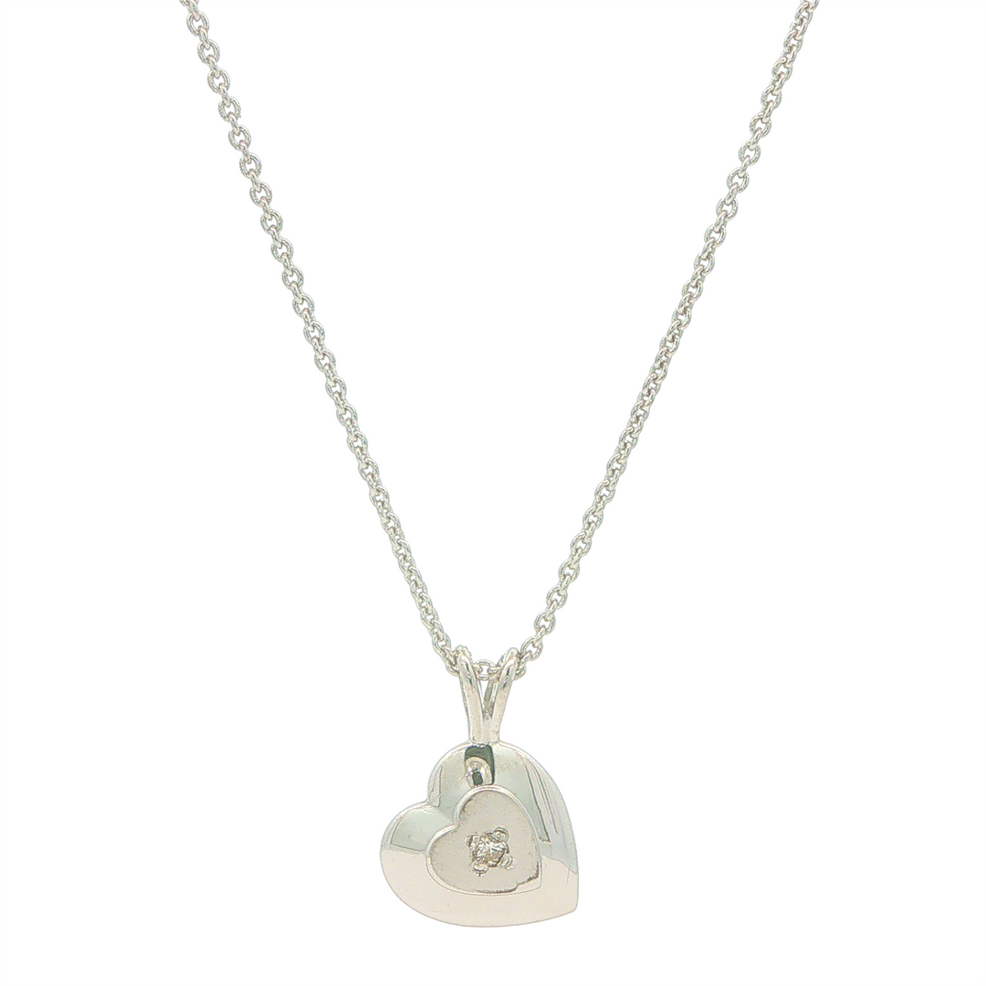 Sterling Silver Children's Heart Pendant with Accent Diamond on 15" Chain