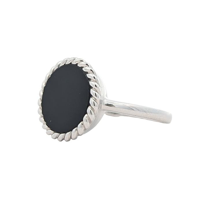 ELLE "Nautical" Sterling Silver Genuine Black Agate with Rope Trim Ring