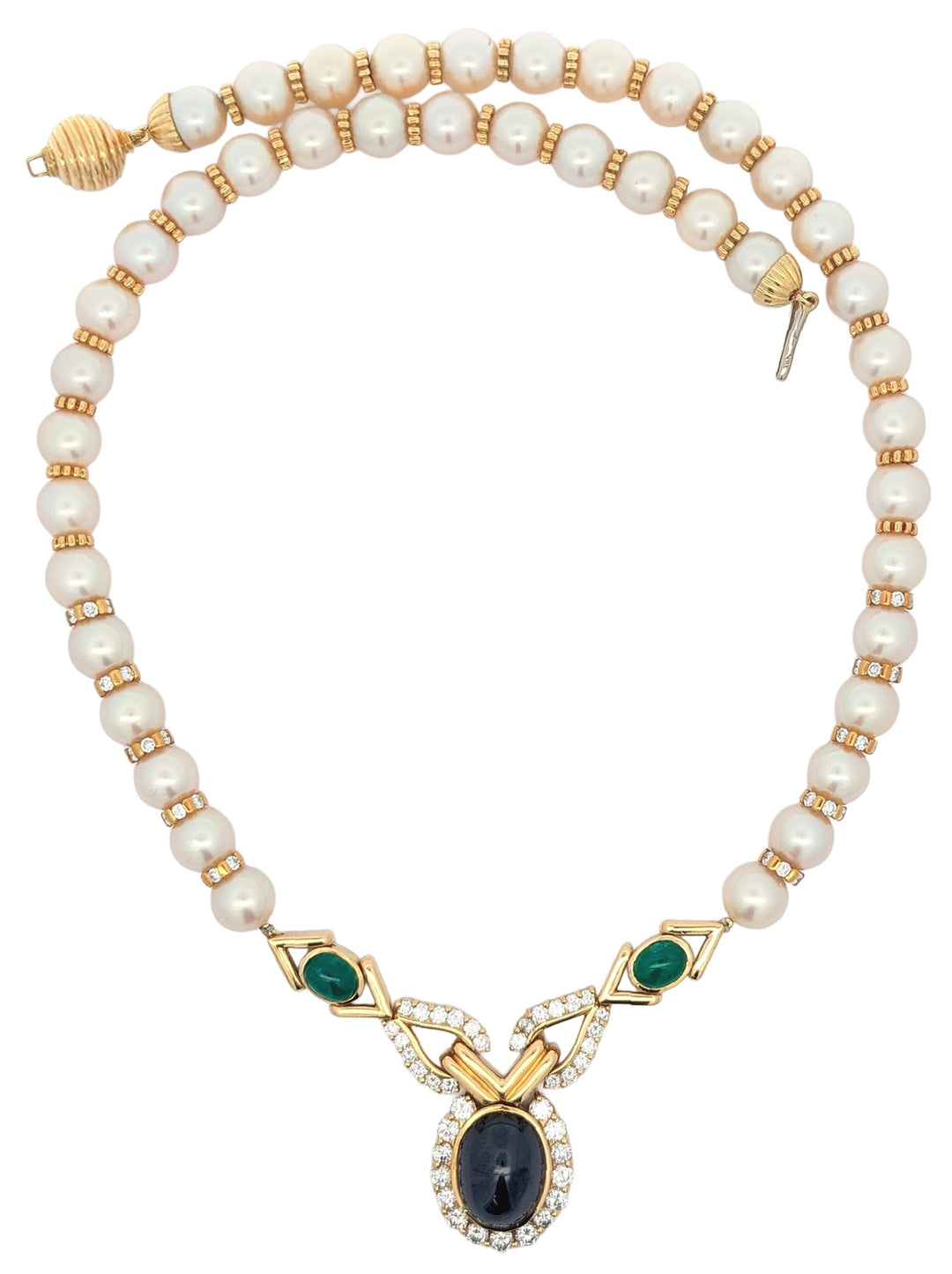14KT Yellow Gold Nautral Blue Sapphire, Emerald, Pearl and 4.70ctw Diamond Estate Necklace
