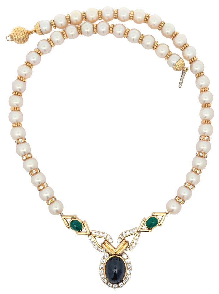 14KT Yellow Gold Nautral Blue Sapphire, Emerald, Pearl and 4.70ctw Diamond Estate Necklace