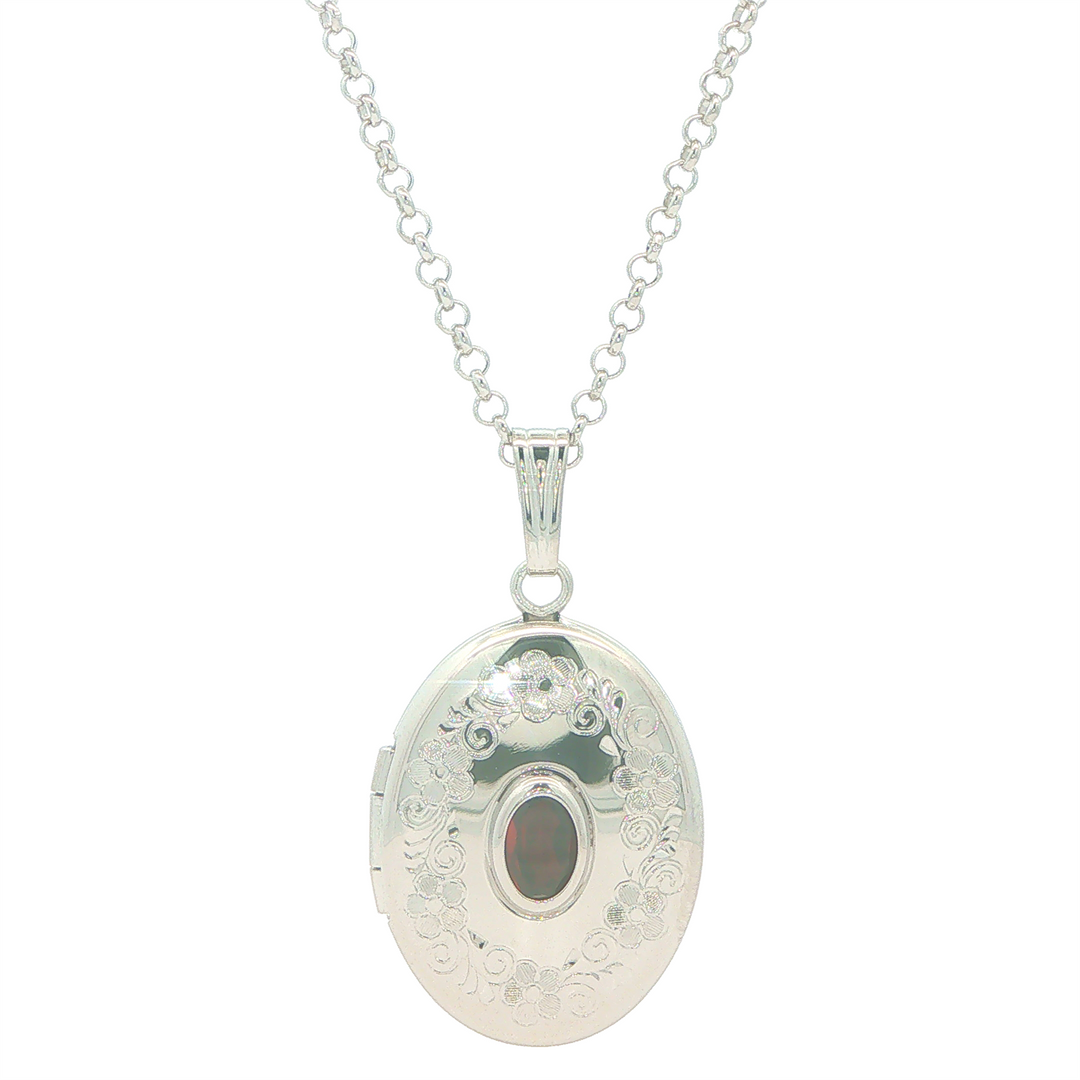 Stering Silver Oval Locket with Garnet Accent Necklace 18"