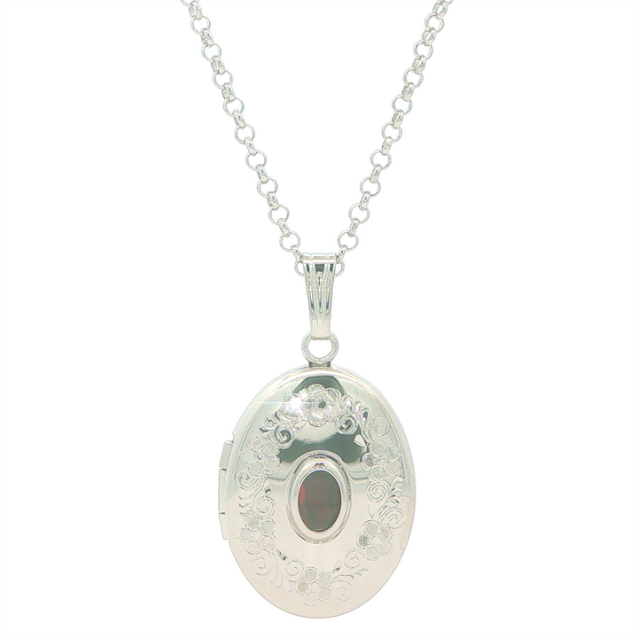 Stering Silver Oval Locket with Garnet Accent Necklace 18"