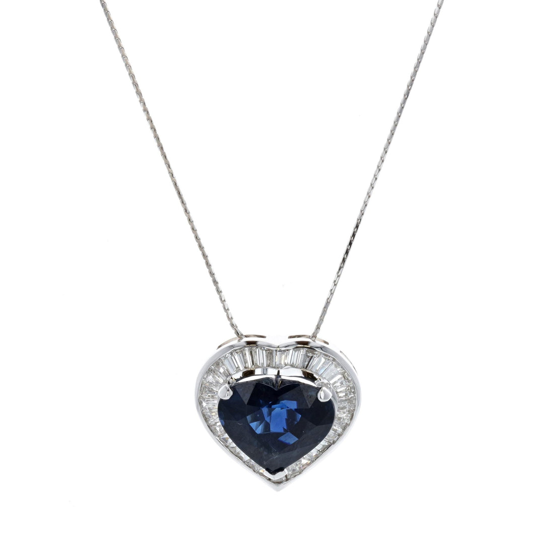 18KT White Gold Natural Blue Sapphire and 1.15ctw Diamond Heart 16" Estate Necklace