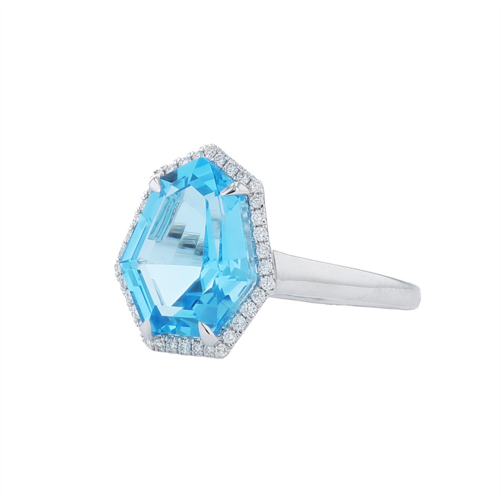 BELLARRI 14KT White Gold Blue Topaz and 0.15ctw Diamond Ring
