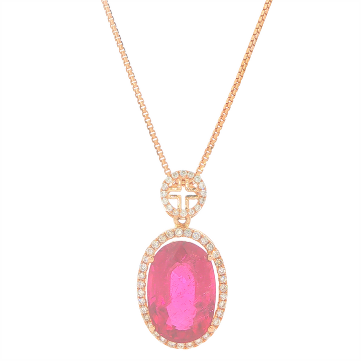 18KT Rose Gold 5.20ct Pink Tourmaline and 0.35cttw diamond Estate Pendant and Box Link Chain 18"