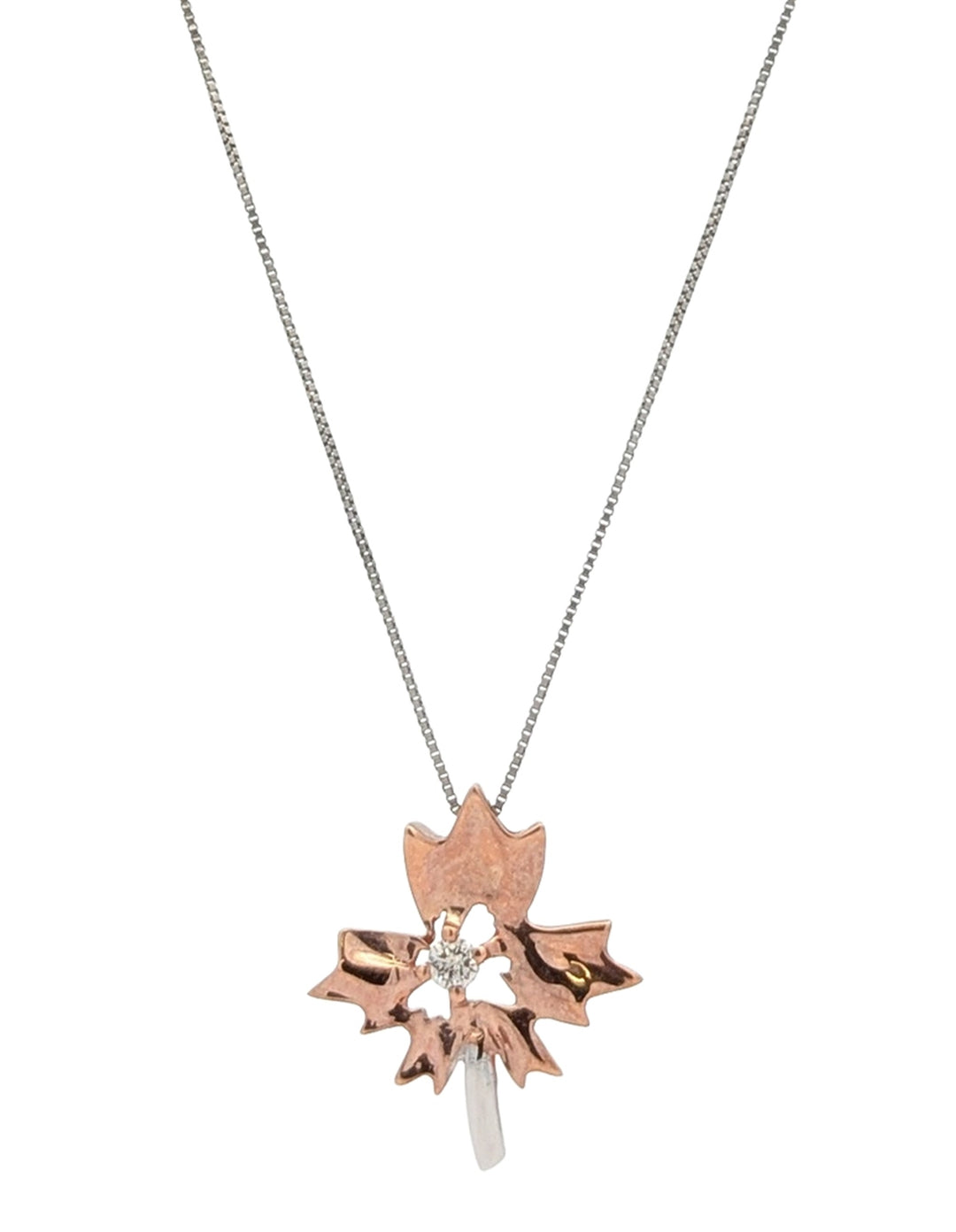 10KT White and Rose Gold 0.04ctw Diamond Maple Leaf Necklace