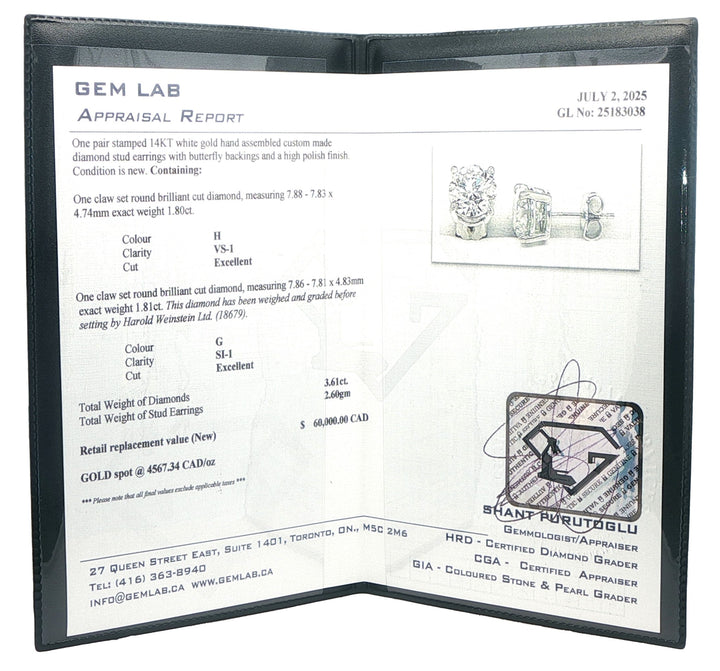 14KT White Gold 3.61ctw Diamond Stud Estate Earrings