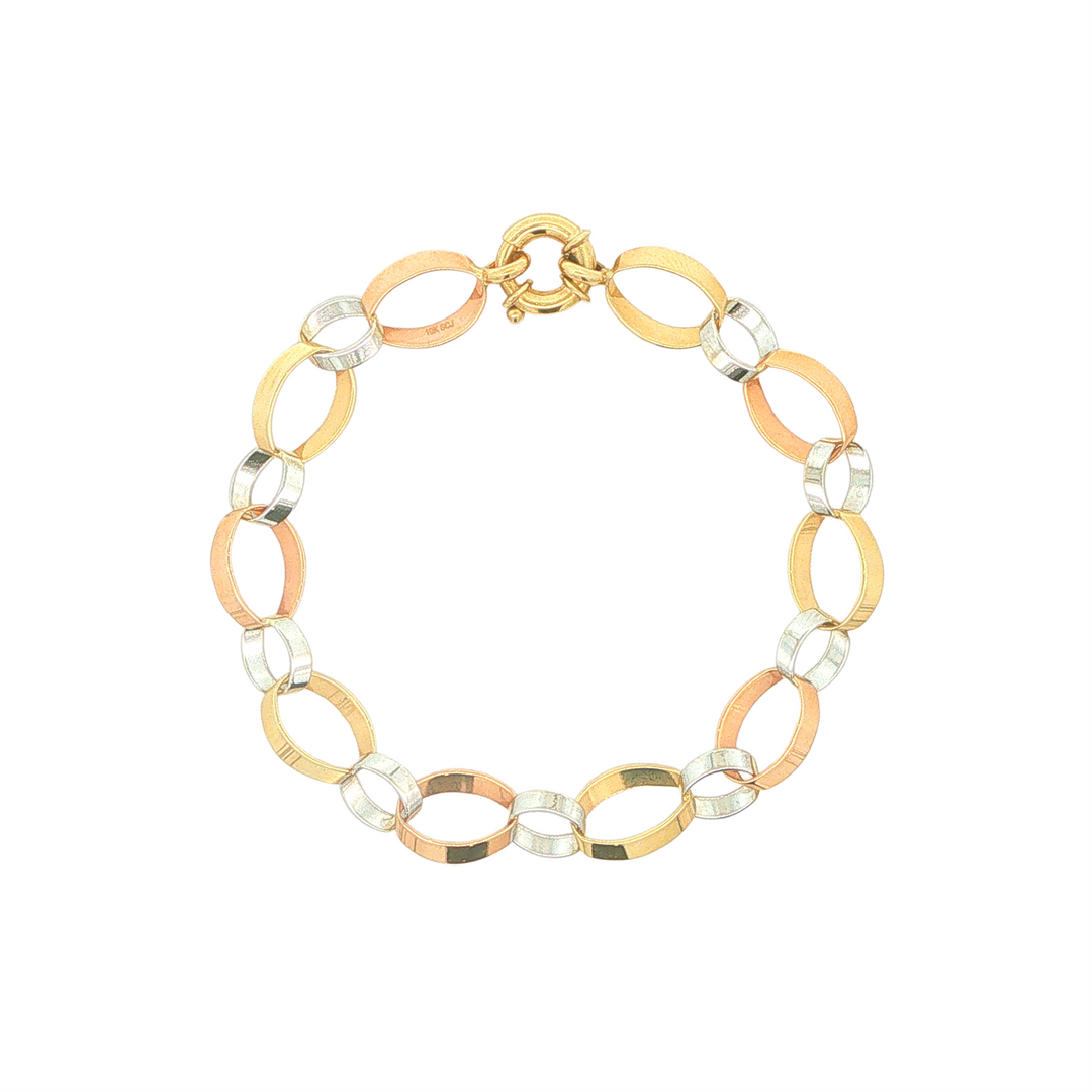 10KT Yellow, White and Rose Gold Oval Linked Bracelet 7.5"