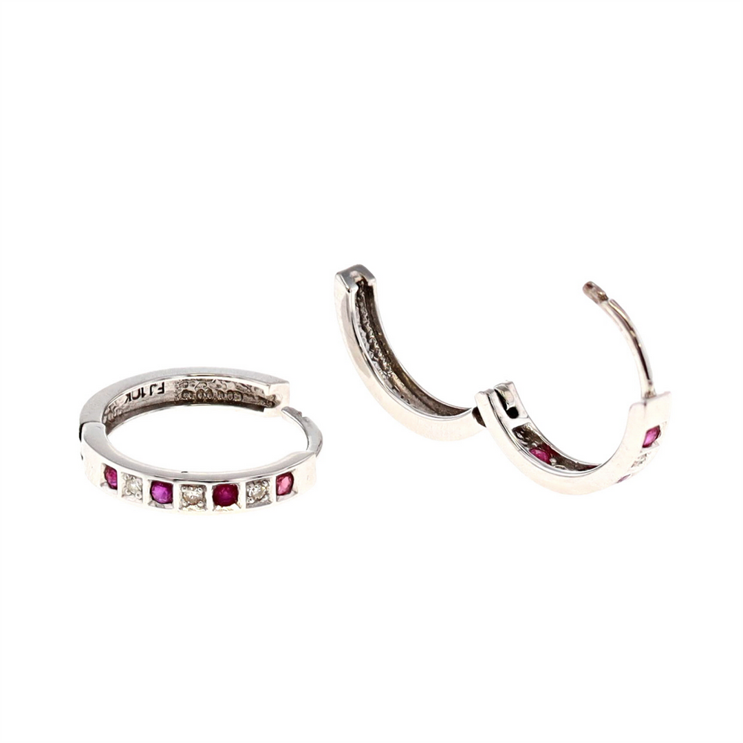 10KT White Gold Ruby and 0.03ctw Diamond Hoop Earrings