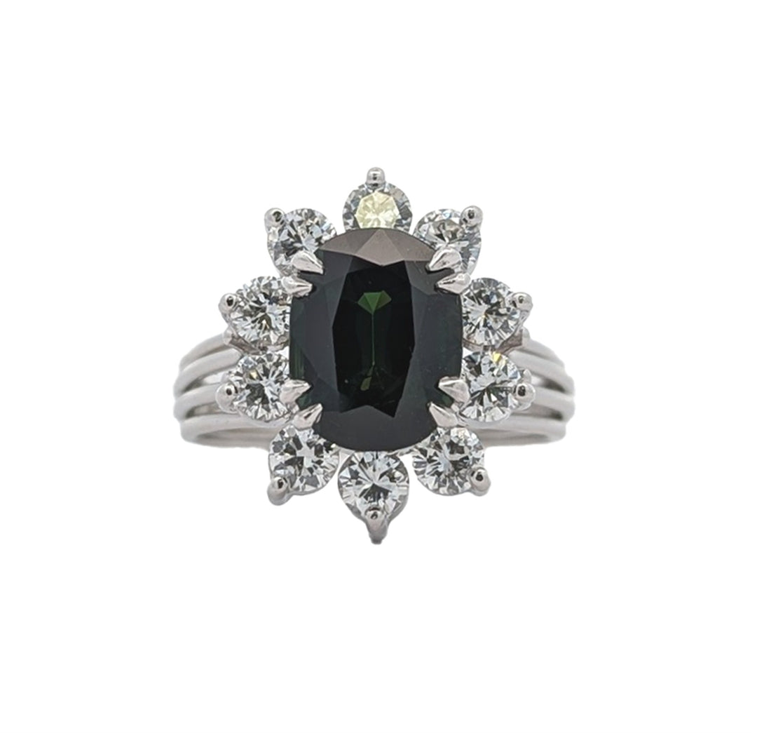 Platinum Natural Green Sapphire and 1.17ctw Diamond Estate Ring