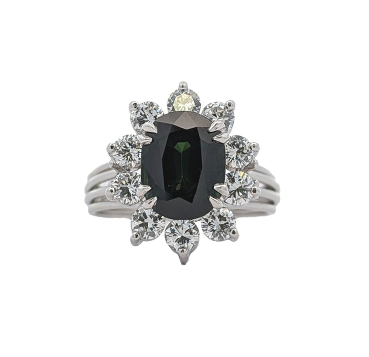 Platinum Natural Green Sapphire and 1.17ctw Diamond Estate Ring