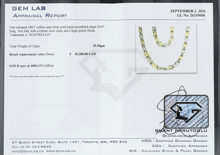 18KT Yellow and White Gold "MASTRELLO" Box Link Estate Chain 24"