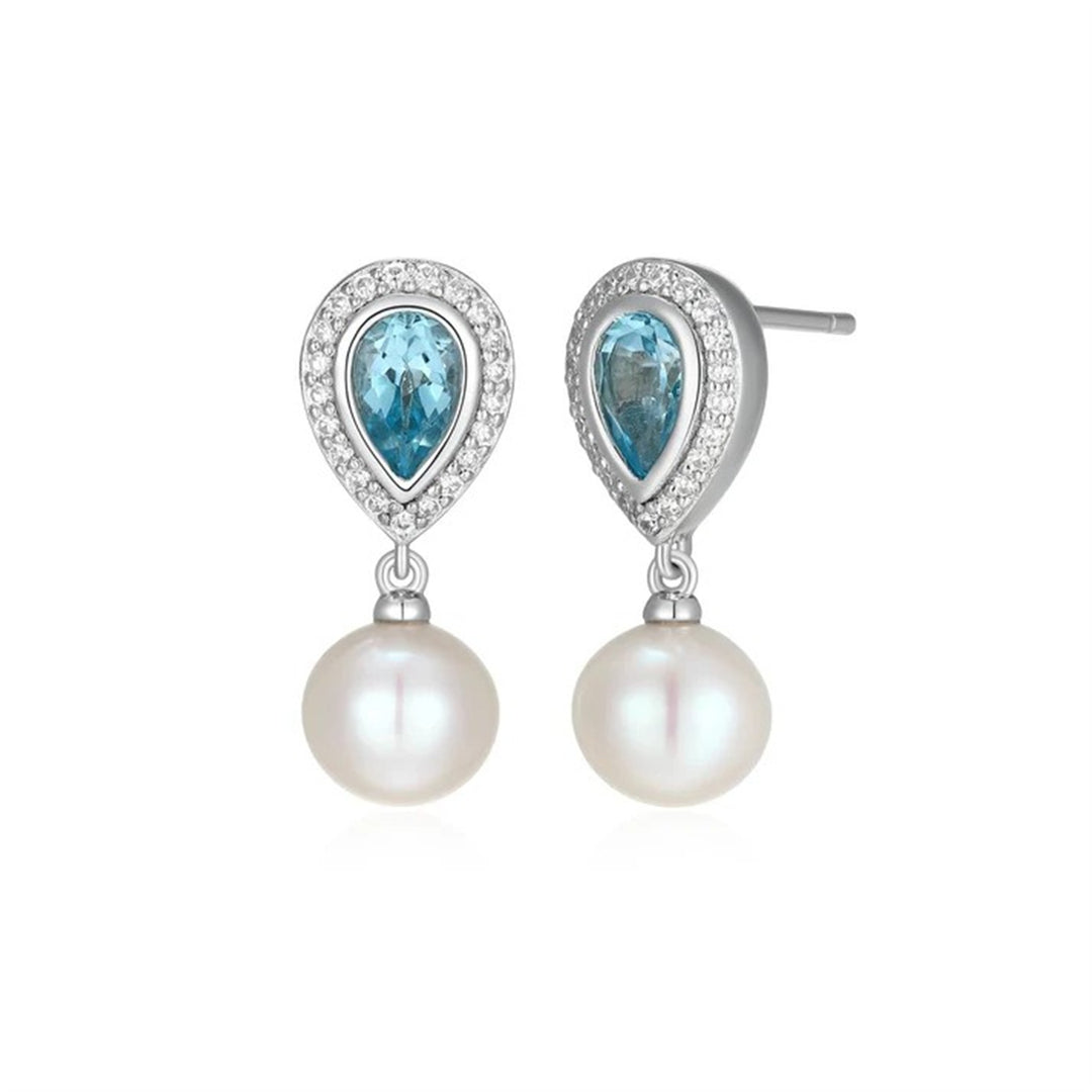 ELLE Sterling Silver "Cosmos" Pearl Meet Gem Blue Topaz & Freshwater Pearl Earrings