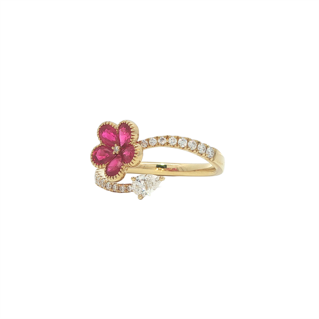 18K Yellow Gold Ruby 0.41ctw Diamond Flower Ring