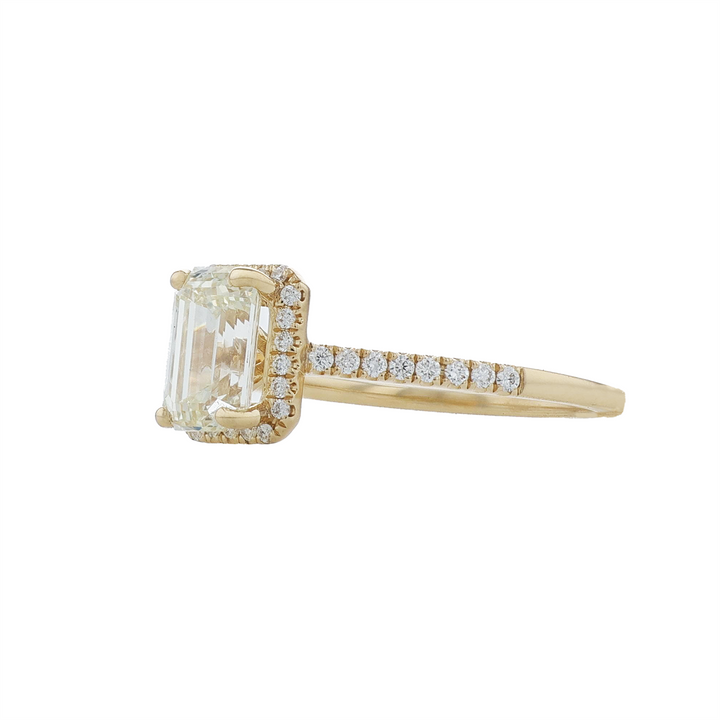 18KT Yellow Gold 1.53ctw Emerald Cut Diamond Engagment Ring with Halo and Accented Shoulders