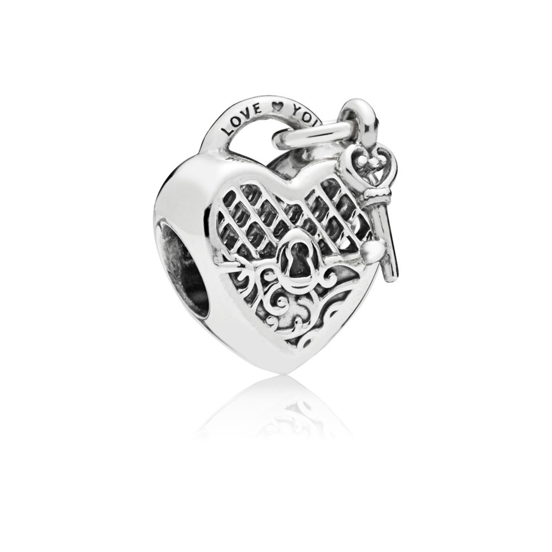 Heart padlock and key charm in sterling silver with engraving "Love You"