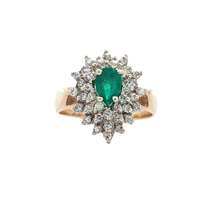 14KT Yellow and White Gold Natural Emerald and 0.32ctw Diamond Estate Cluster Ring