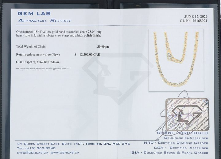 18KT Yellow Gold 3mm Heavy Rolo Link Estate Chain 25"