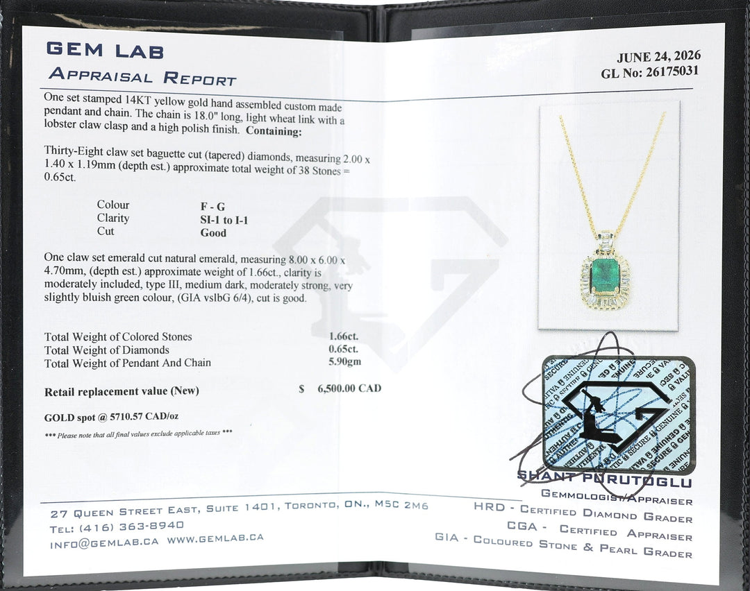 14KT Yellow Gold Emerald Cut Emerald & 0.65cttw Diamond Estate Pendant with Chain 18"