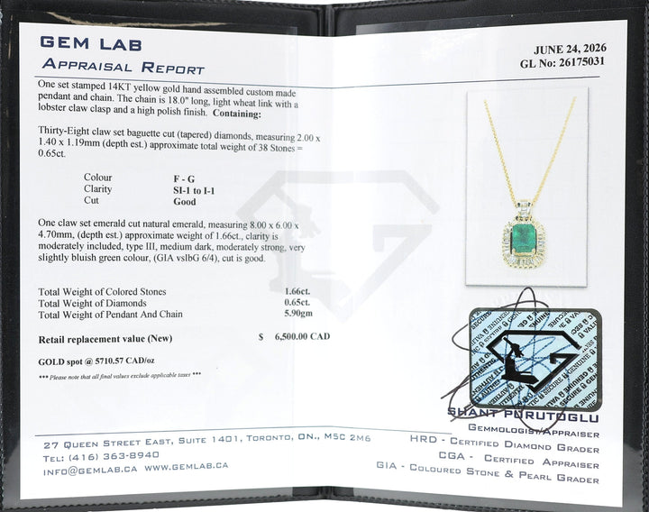 14KT Yellow Gold Emerald Cut Emerald & 0.65cttw Diamond Estate Pendant with Chain 18"