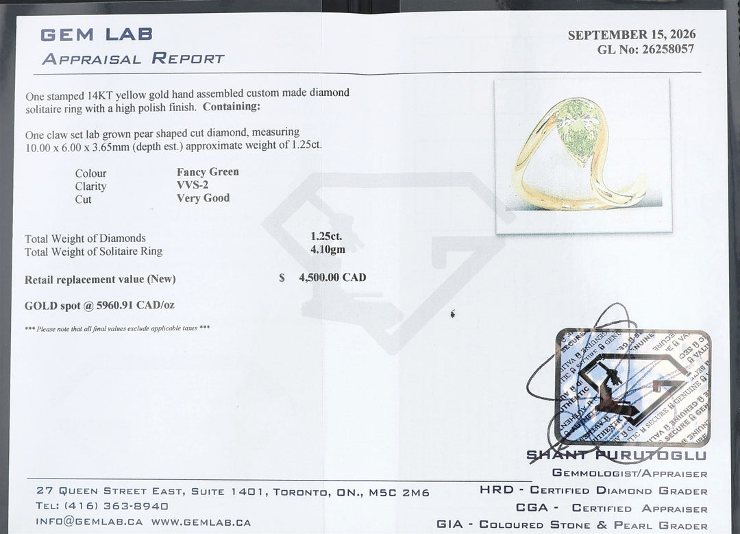 HARMONY CUSTOM 14KT Yellow Gold 1.25ct Lab Grown Fancy Green Pear Cut Solitaire Diamond Ring