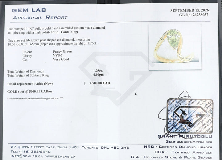 HARMONY CUSTOM 14KT Yellow Gold 1.25ct Lab Grown Fancy Green Pear Cut Solitaire Diamond Ring