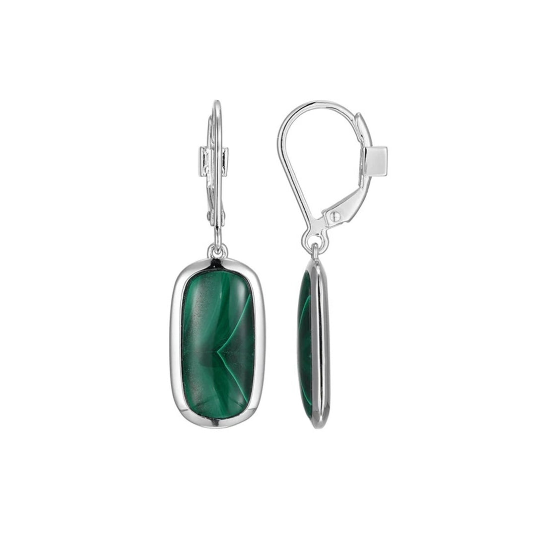 ELLE Sterling Silver Rhodium Plated "Allure" Genuine Malachite Leverback Earrings