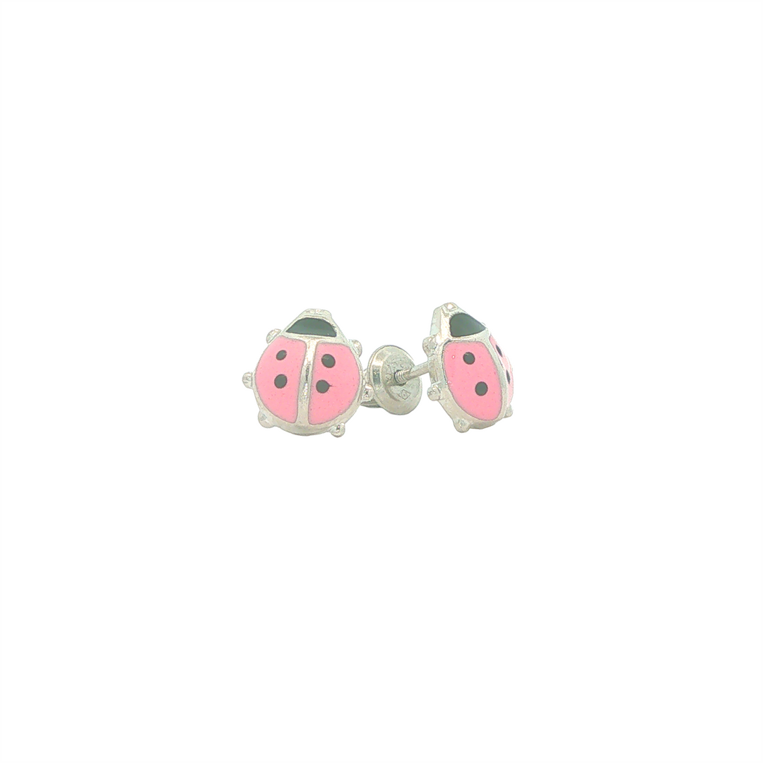 Sterling Silver Pink Ladybug Safety Back Earrings
