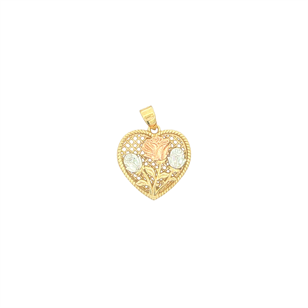 10KT Yellow, White and Rose Gold Roses on Heart Pendant