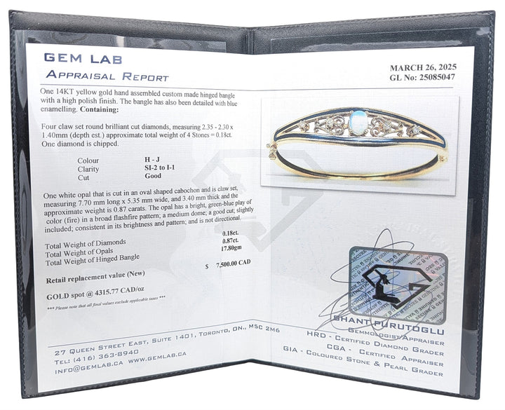 14KT Yellow Gold Opal and 0.18ctw Diamond Hinged Estate Bangle