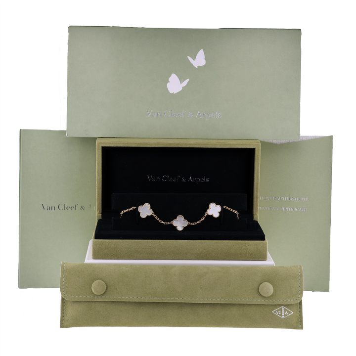 18KT Yellow Gold "Van Cleef & Arpels" Vintage Alhambra Mother of Pearl Clover Bracelet 7.5"