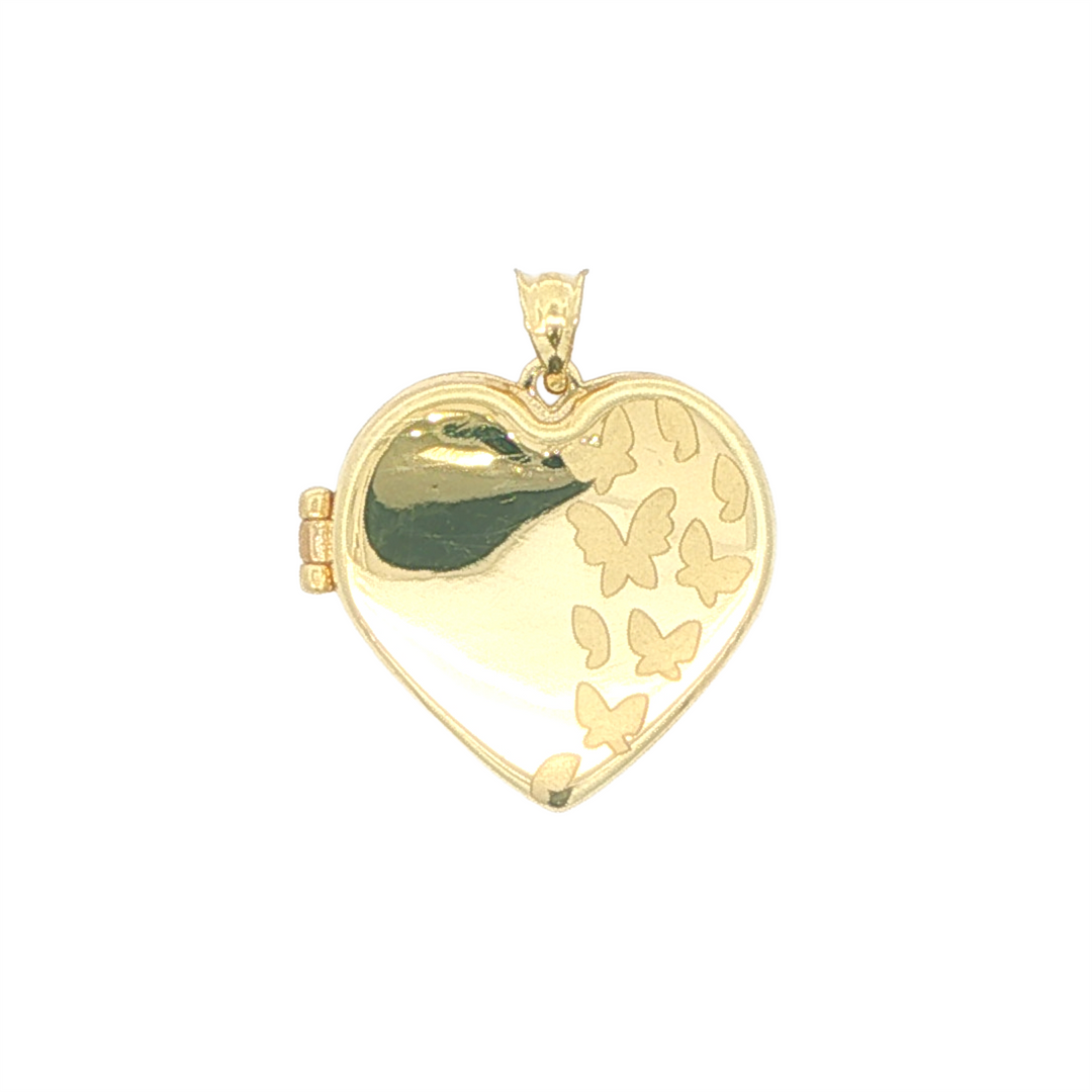 10KT Yellow Gold Heart Shaped Locket with Engraved Butterfly Design
