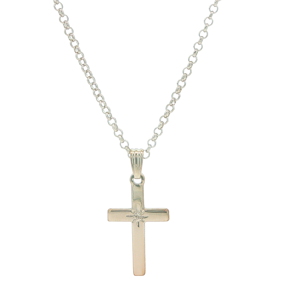 Sterling Silver with Diamond Accented Cross on 18" Rolo Chain